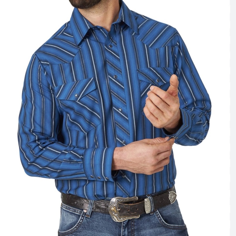 Vintage Wrangler  Western Dress Shirt Pearl Snap Men  XL/TG Metallic Silver Blue